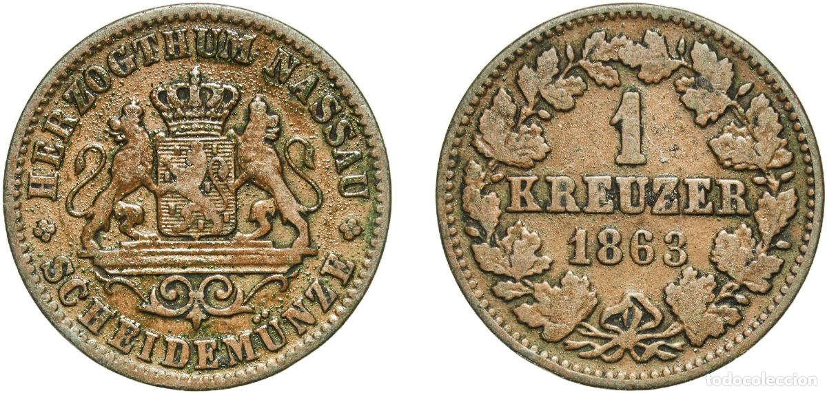 Monedas antiguas de Europa: Germany Duchy of Nassau German states 1863 1 Kreuzer - Adolphe Copper Wiesbaden Mint (575860) 4.22g