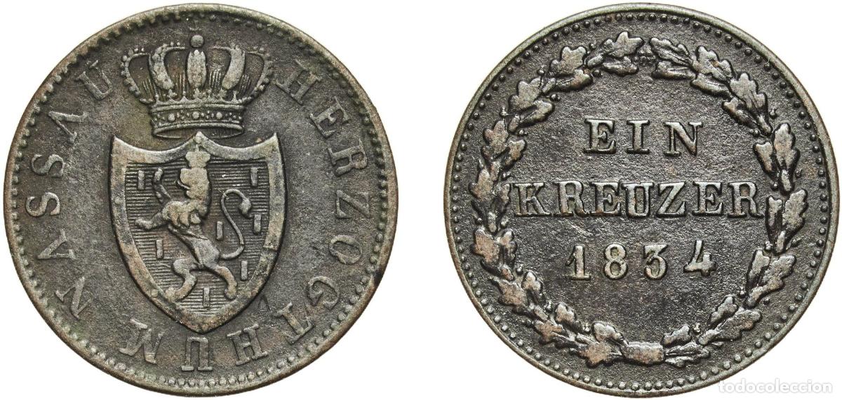 Monedas antiguas de Europa: Germany Duchy of Nassau German states 1834 1 Kreuzer - William Copper Wiesbaden Mint (326000) 3.94g