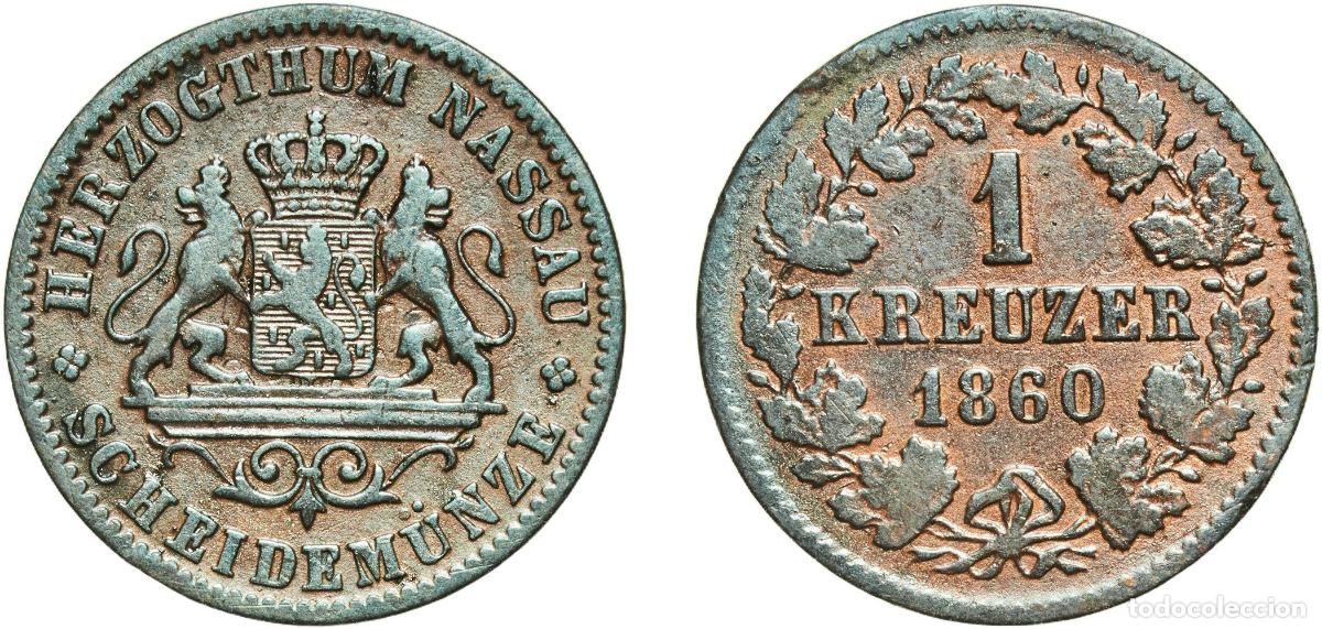 Monedas antiguas de Europa: Germany Duchy of Nassau German states 1860 1 Kreuzer - Adolphe Copper Wiesbaden Mint (609650) 4.22g