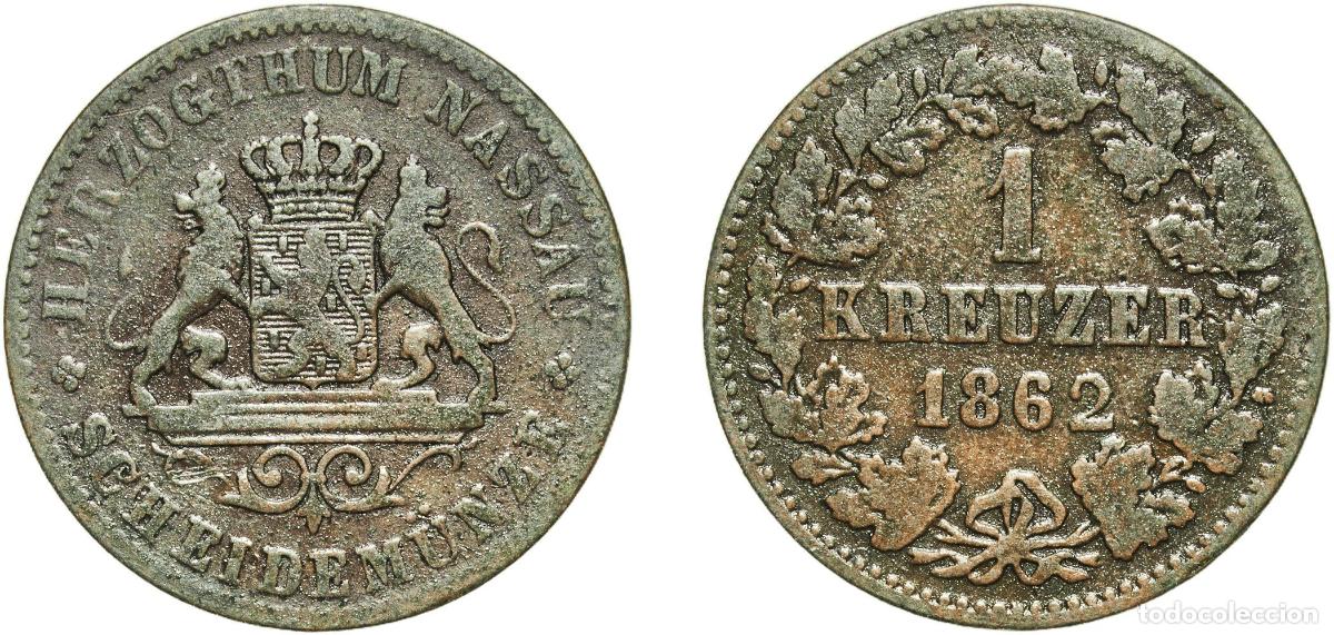 Monedas antiguas de Europa: Germany Duchy of Nassau German states 1862 1 Kreuzer - Adolphe Copper Wiesbaden Mint (609990) 4.25g