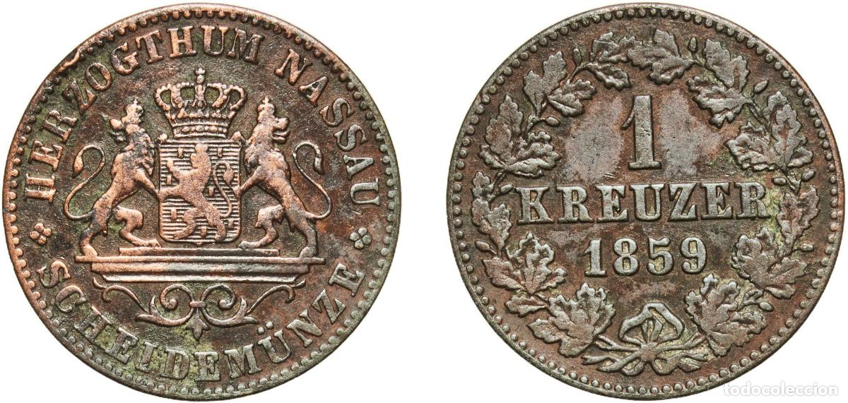 Monedas antiguas de Europa: Germany Duchy of Nassau German states 1859 1 Kreuzer - Adolphe Copper Wiesbaden Mint (835500) 4.2g
