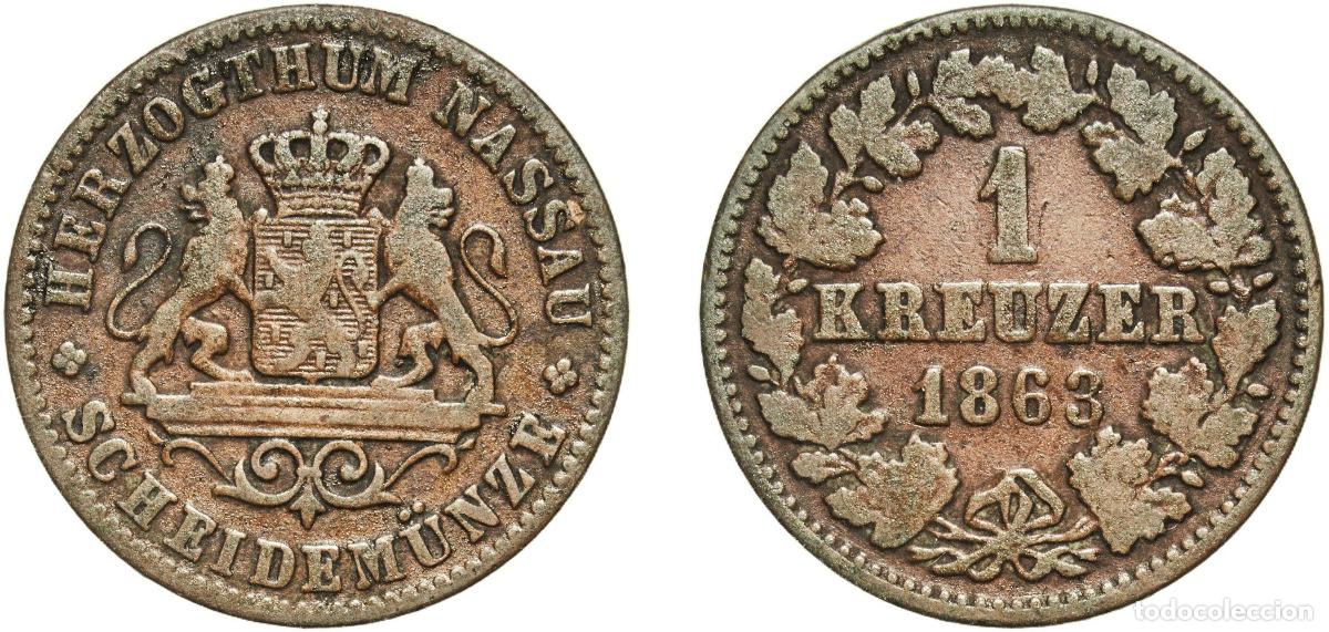 Monedas antiguas de Europa: Germany Duchy of Nassau German states 1863 1 Kreuzer - Adolphe Copper Wiesbaden Mint (575860) 4.26g