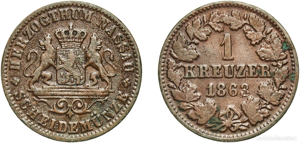 Monedas antiguas de Europa: Germany Duchy of Nassau German states 1863 1 Kreuzer - Adolphe Copper Wiesbaden Mint (575860) 4.21g