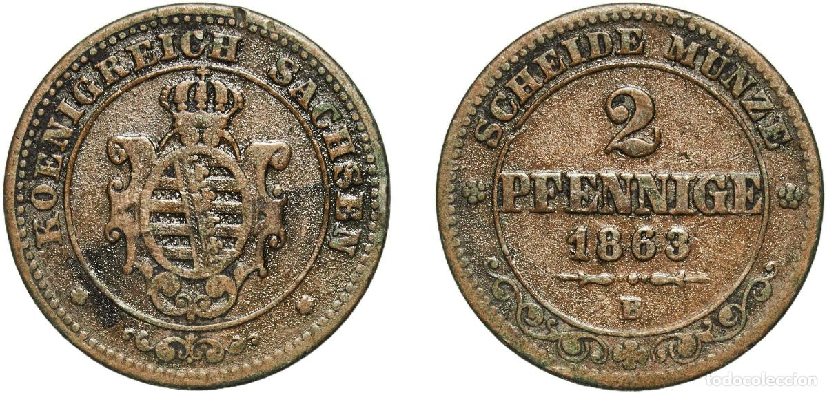 Monedas antiguas de Europa: Germany Kingdom of Saxony German states 1863 B 2 Pfennige - John Copper Dresden Mint (456000) 2.85g