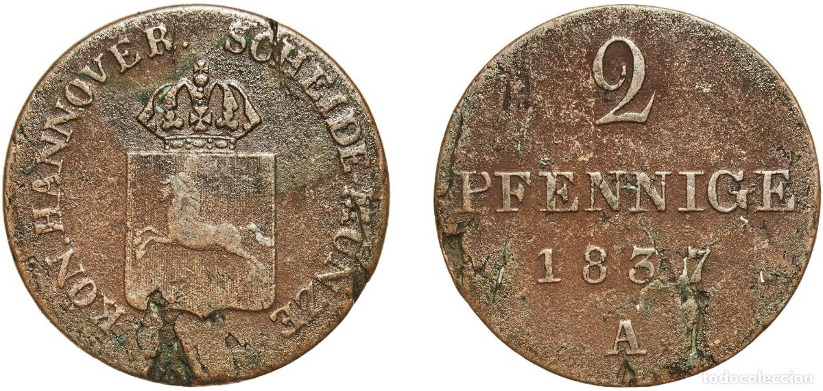 Monedas antiguas de Europa: Germany Kingdom of Hannover Kingdom of Hannover German States 1837 A 2 Pfennige - William IV Copper
