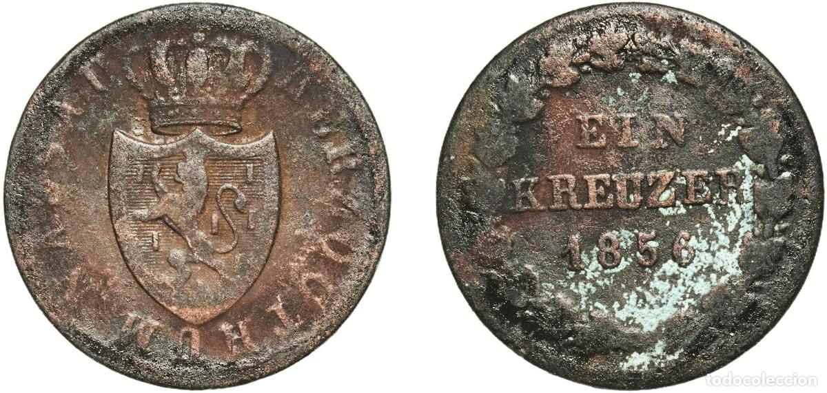 Monedas antiguas de Europa: Germany Duchy of Nassau German states 1856 1 Kreuzer - Adolph Copper Wiesbaden Mint (356500) 3.58g