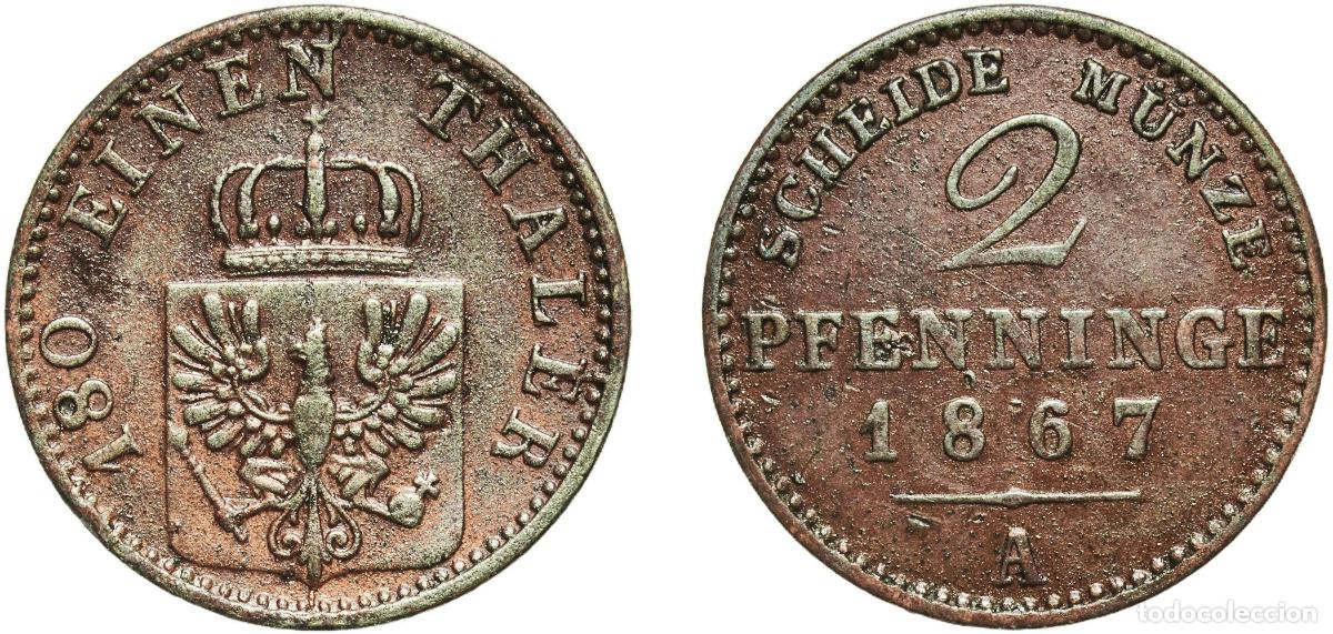 Monedas antiguas de Europa: Germany Kingdom of Prussia Kingdom of Prussia Second Empire 1867 A 2 Pfenninge - William I Copper B