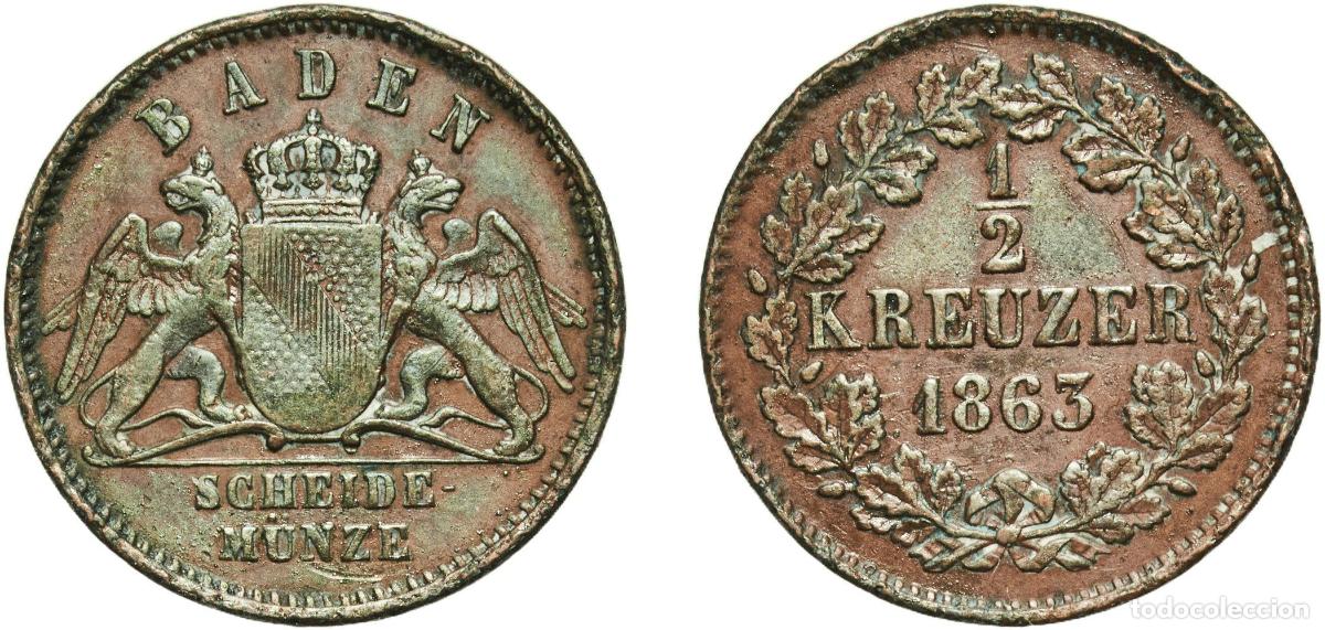 Monedas antiguas de Europa: Germany Grand Duchy of Baden German states 1863 &frac12; Kreuzer - Friedrich I Copper Staatliche M&uuml;nze Bad