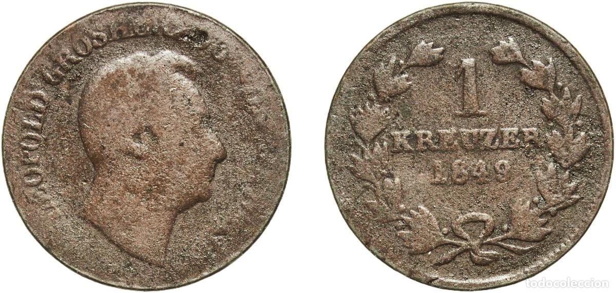 Monedas antiguas de Europa: Germany Grand Duchy of Baden German states 1849 1 Kreuzer - Leopold I Copper Staatliche M&uuml;nze Baden