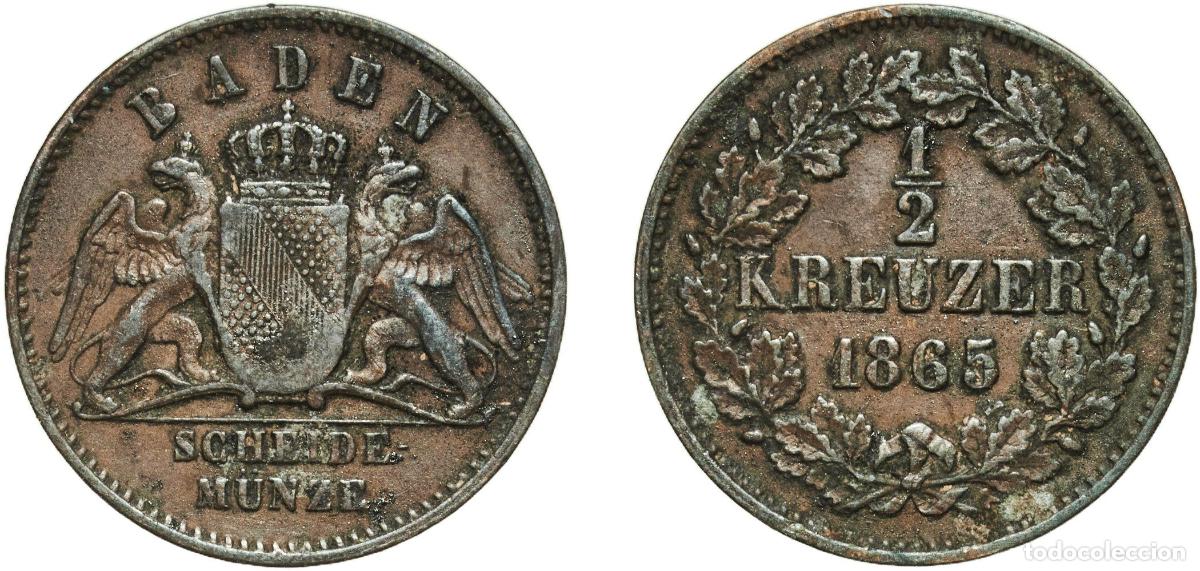 Monedas antiguas de Europa: Germany Grand Duchy of Baden German states 1865 &frac12; Kreuzer - Friedrich I Copper Staatliche M&uuml;nze Bad