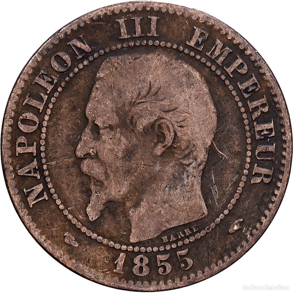 Monedas antiguas de Europa: [#1530505] Francia, Napoleon III, 2 Centimes, 1855, Paris, Dog, Bronce, BC+, Gadoury:103