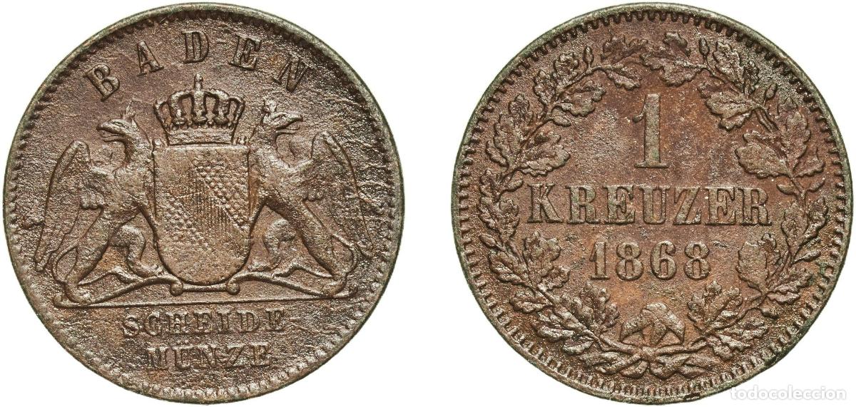 Monedas antiguas de Europa: Germany Grand Duchy of Baden German states 1868 1 Kreuzer - Friedrich I Copper Staatliche M&uuml;nze Bad