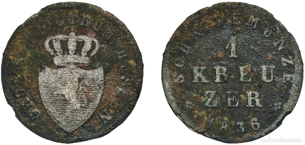Monedas antiguas de Europa: Germany Grand Duchy of Hesse-Darmstadt German states 1836 1 Kreuzer - Louis II Billon (.187 silver)