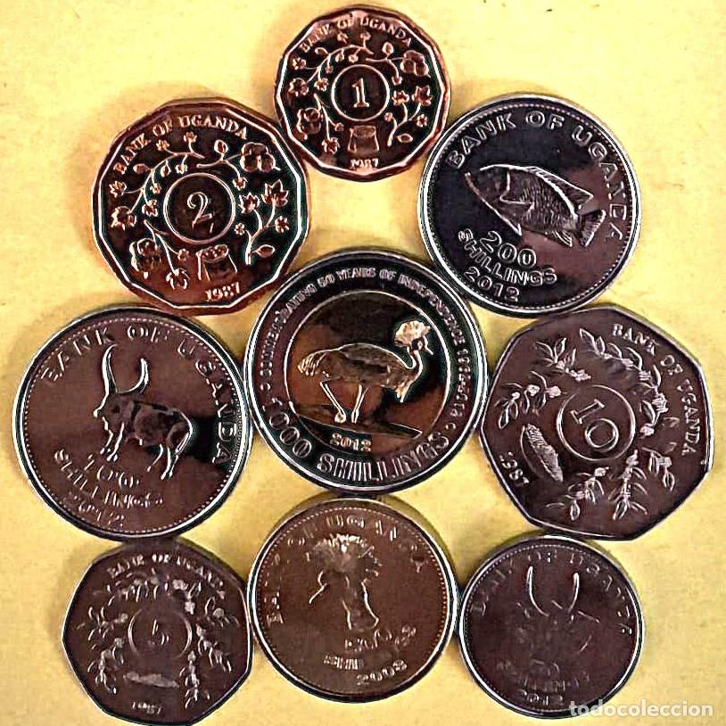 Monedas antiguas de Europa: Uganda, Set de 9 monedas: 1, 2, 5, 10, 50, 100, 200, 500 y 1000 Chelines &rdquo;Fauna y ...&rdquo; / SC.