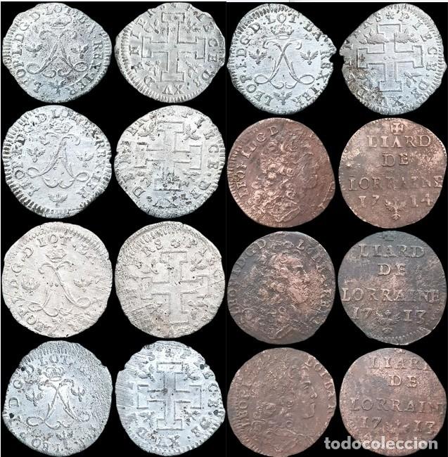 Monedas antiguas de Europa: FRANCIA LEOPOLDO I 5x XV 15 DENIERS DUCH&Eacute; LORRAINE (NANCY) + 3x LIARD