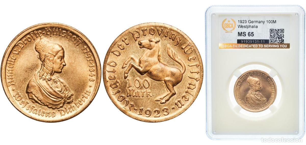 Monedas antiguas de Europa: Germany Prussian province of Westphalia Weimar Republic 1923 100 Mark - Westfalen (Annette v. Drost