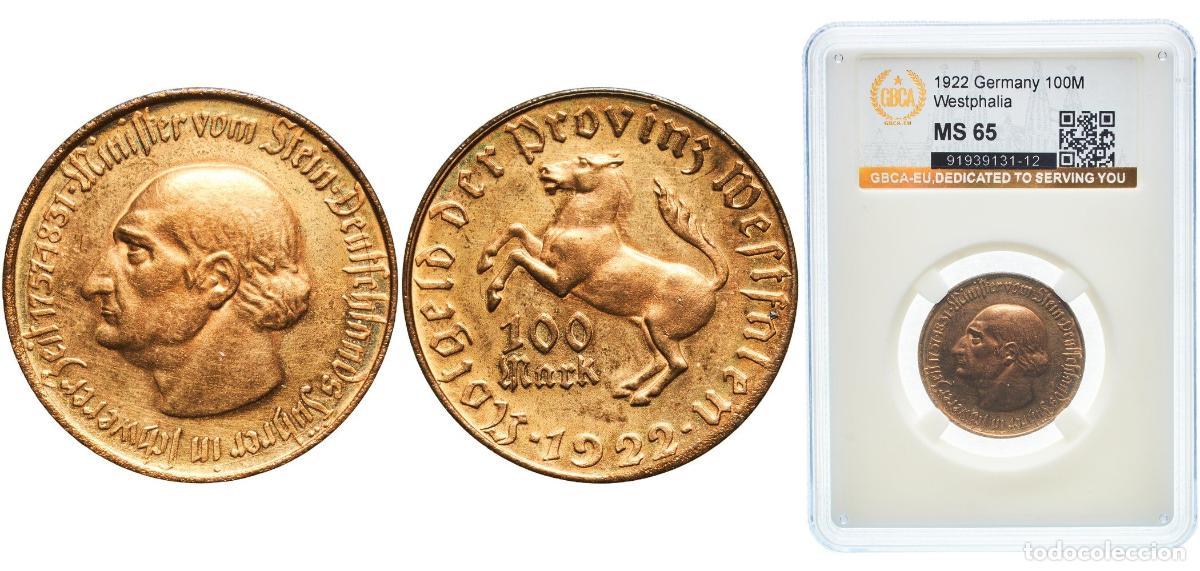 Monedas antiguas de Europa: Germany Prussian province of Westphalia Weimar Republic 1922 100 Mark - Westfalen (Freiherr vom Ste