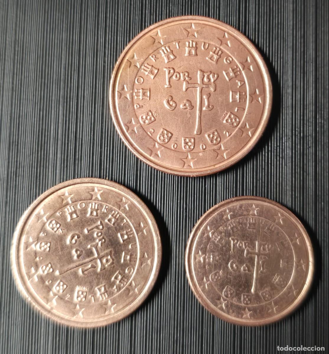 Monedas antiguas de Europa: monedas de 1, 2 y 5 c&eacute;ntimos de euro de Portugal del a&ntilde;o 2002