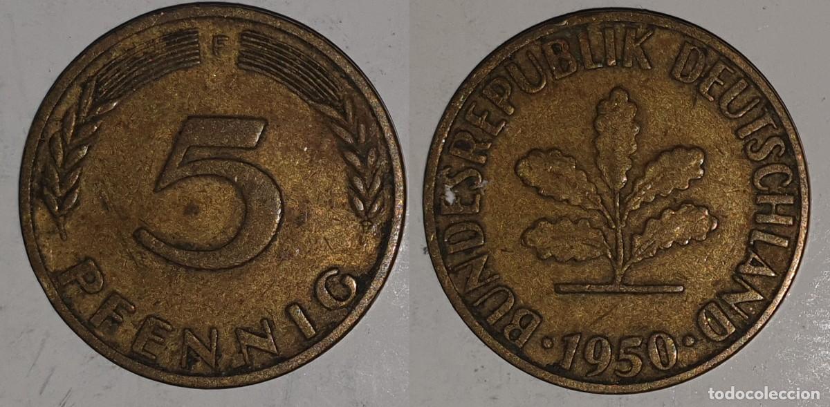 Monedas antiguas de Europa: Moneda 5 Pfennig 1950 F - Rep&uacute;blica Federal Alemana (RFA) - Ceca Stuttgart - KM# 107