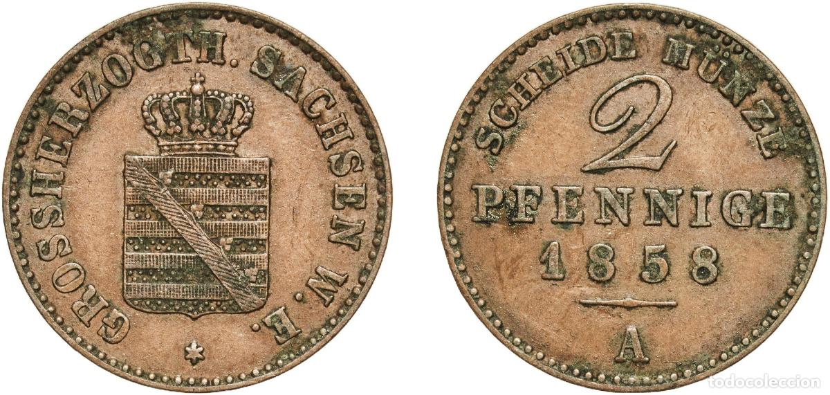 Monedas antiguas de Europa: Germany Grand Duchy of Saxe-Weimar-Eisenach German states 1858 A 2 Pfennige - Charles Alexander Cop