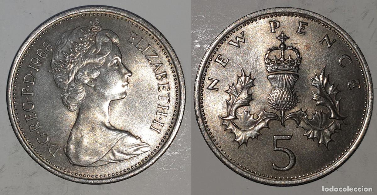Monedas antiguas de Europa: Moneda 5 New Pence 1968 - Reino Unido - Isabel II - Cardo Escoc&eacute;s - KM# 911