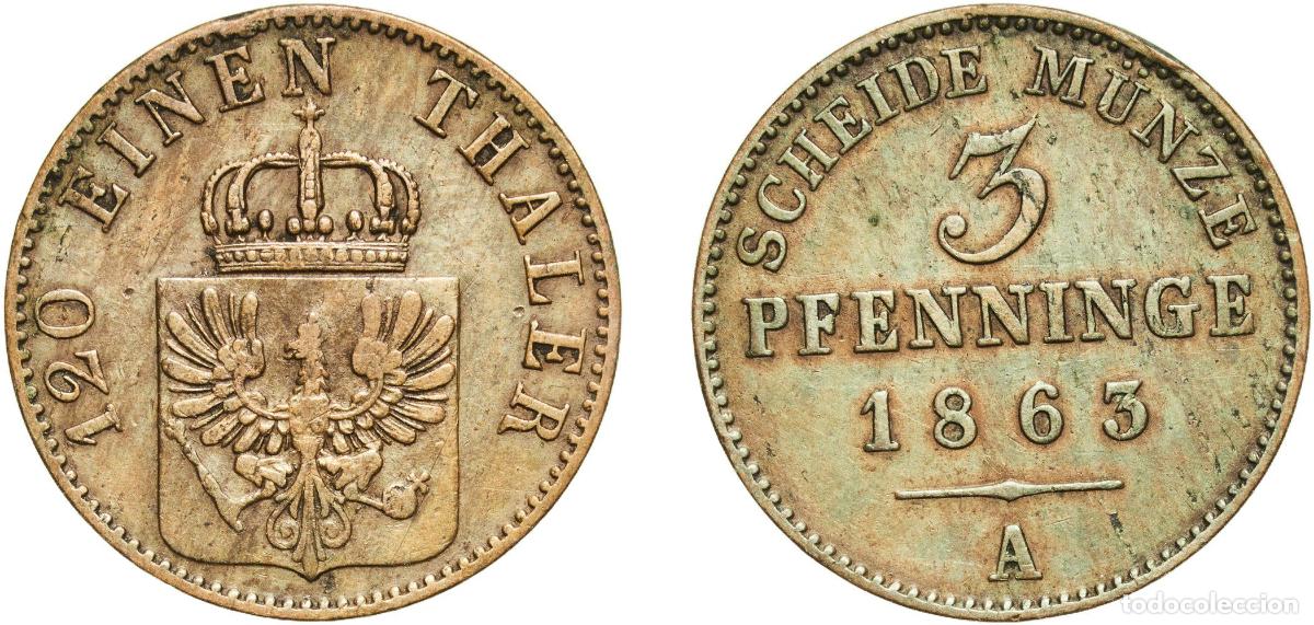 Monedas antiguas de Europa: Germany Kingdom of Prussia Kingdom of Prussia Second Empire 1863 A 3 Pfenninge - William I Copper B