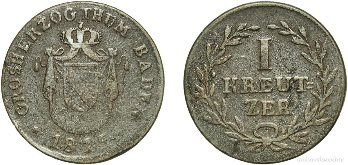 Monedas antiguas de Europa: Germany Grand Duchy of Baden German states 1815 1 Kreuzer - Charles II Louis Frederick Copper Mannh