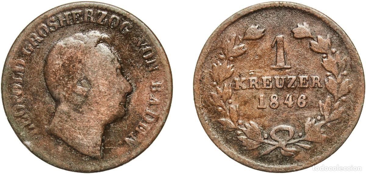 Monedas antiguas de Europa: Germany Grand Duchy of Baden German states 1846 1 Kreuzer - Leopold I Copper Staatliche M&uuml;nze Baden