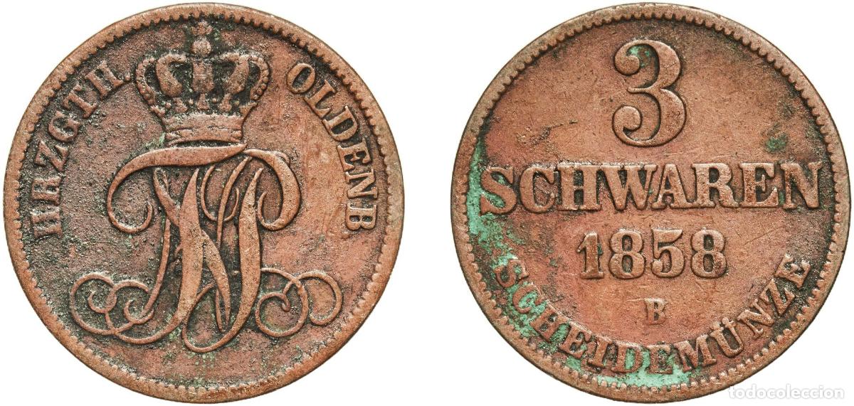 Monedas antiguas de Europa: Germany Grand duchy of Oldenburg German states 1858 B 3 Schwaren - Peter II Copper Hanover Mint (37