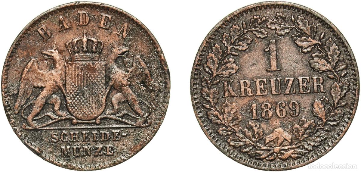 Monedas antiguas de Europa: Germany Grand Duchy of Baden German states 1869 1 Kreuzer - Friedrich I Copper Staatliche M&uuml;nze Bad