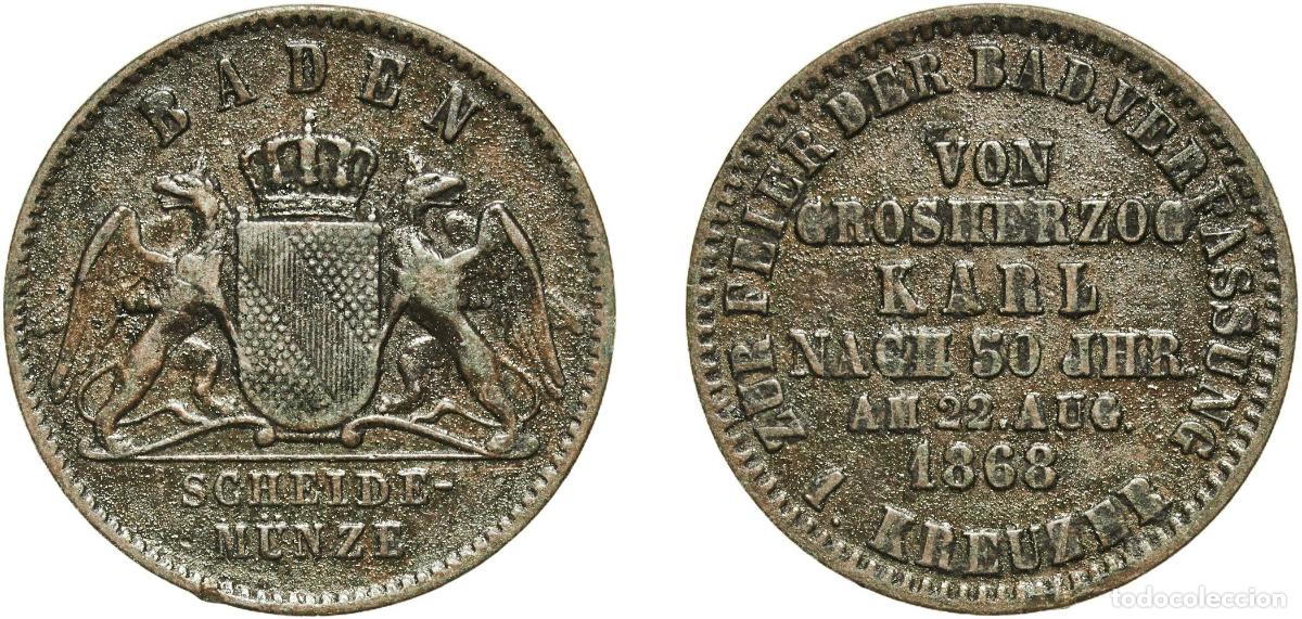 Monedas antiguas de Europa: Germany Grand Duchy of Baden German states 1868 1 Kreuzer - Frederick I (Constitution) Copper Staat