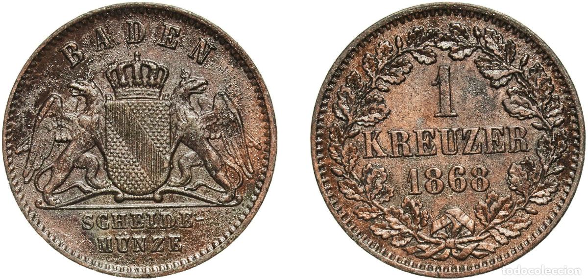 Monedas antiguas de Europa: Germany Grand Duchy of Baden German states 1868 1 Kreuzer - Friedrich I Copper Staatliche M&uuml;nze Bad
