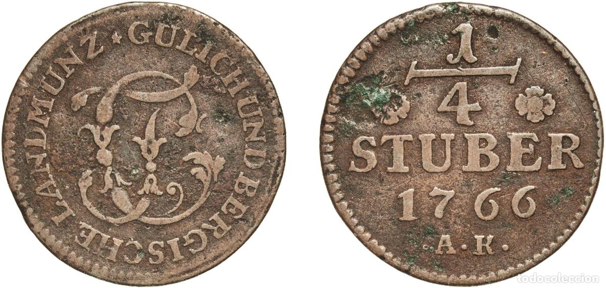 Monedas antiguas de Europa: Germany J&uuml;lich-Berg, Duchy of German states 1766 AK &frac14; St&uuml;ber - Charles Theodor Copper D&uuml;sseldorf Mi