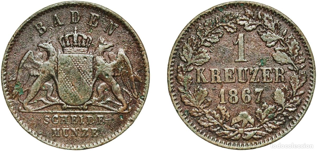 Monedas antiguas de Europa: Germany Grand Duchy of Baden German states 1867 1 Kreuzer - Friedrich I Copper Staatliche M&uuml;nze Bad