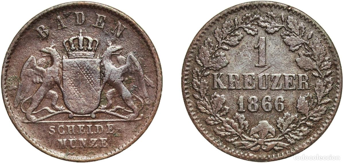 Monedas antiguas de Europa: Germany Grand Duchy of Baden German states 1866 1 Kreuzer - Friedrich I Copper Staatliche M&uuml;nze Bad