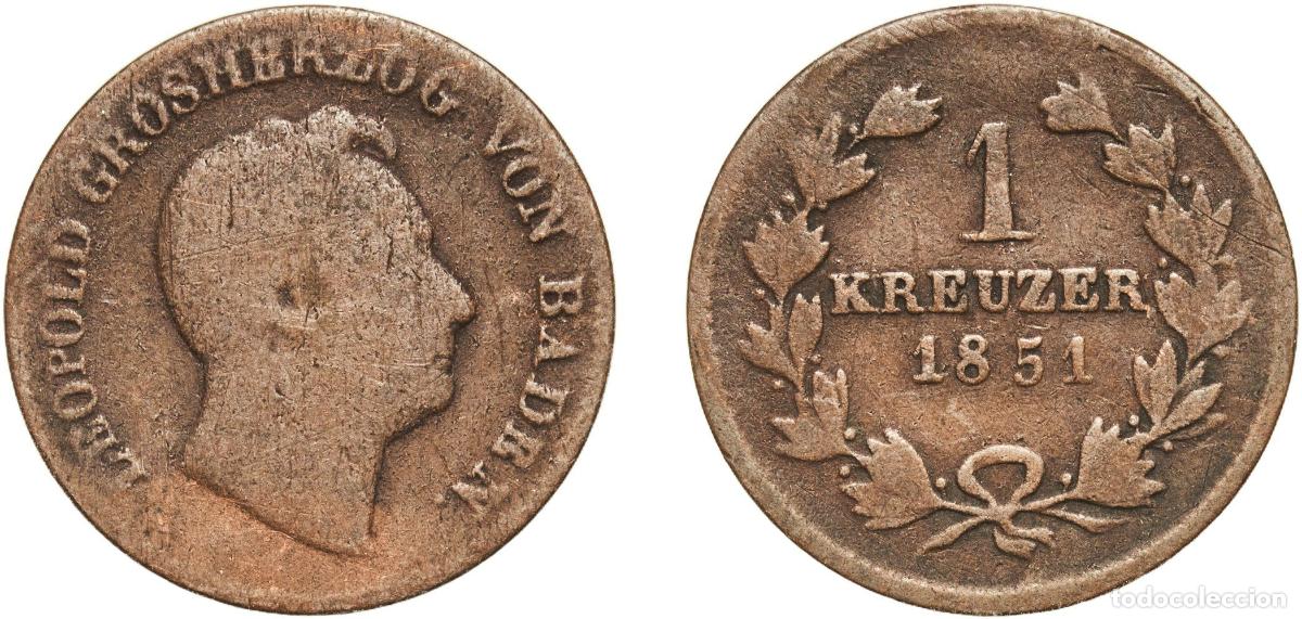 Monedas antiguas de Europa: Germany Grand Duchy of Baden German states 1851 1 Kreuzer - Leopold I Copper Staatliche M&uuml;nze Baden