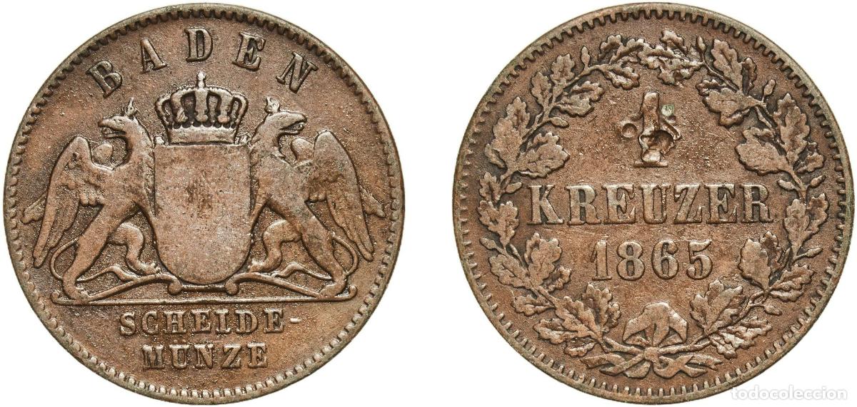 Monedas antiguas de Europa: Germany Grand Duchy of Baden German states 1865 1 Kreuzer - Friedrich I Copper Staatliche M&uuml;nze Bad