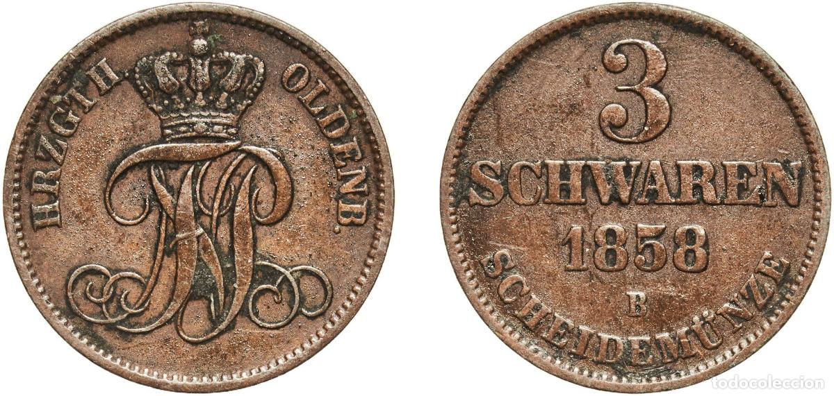 Monedas antiguas de Europa: Germany Grand duchy of Oldenburg German states 1858 B 3 Schwaren - Peter II Copper Hanover Mint (37