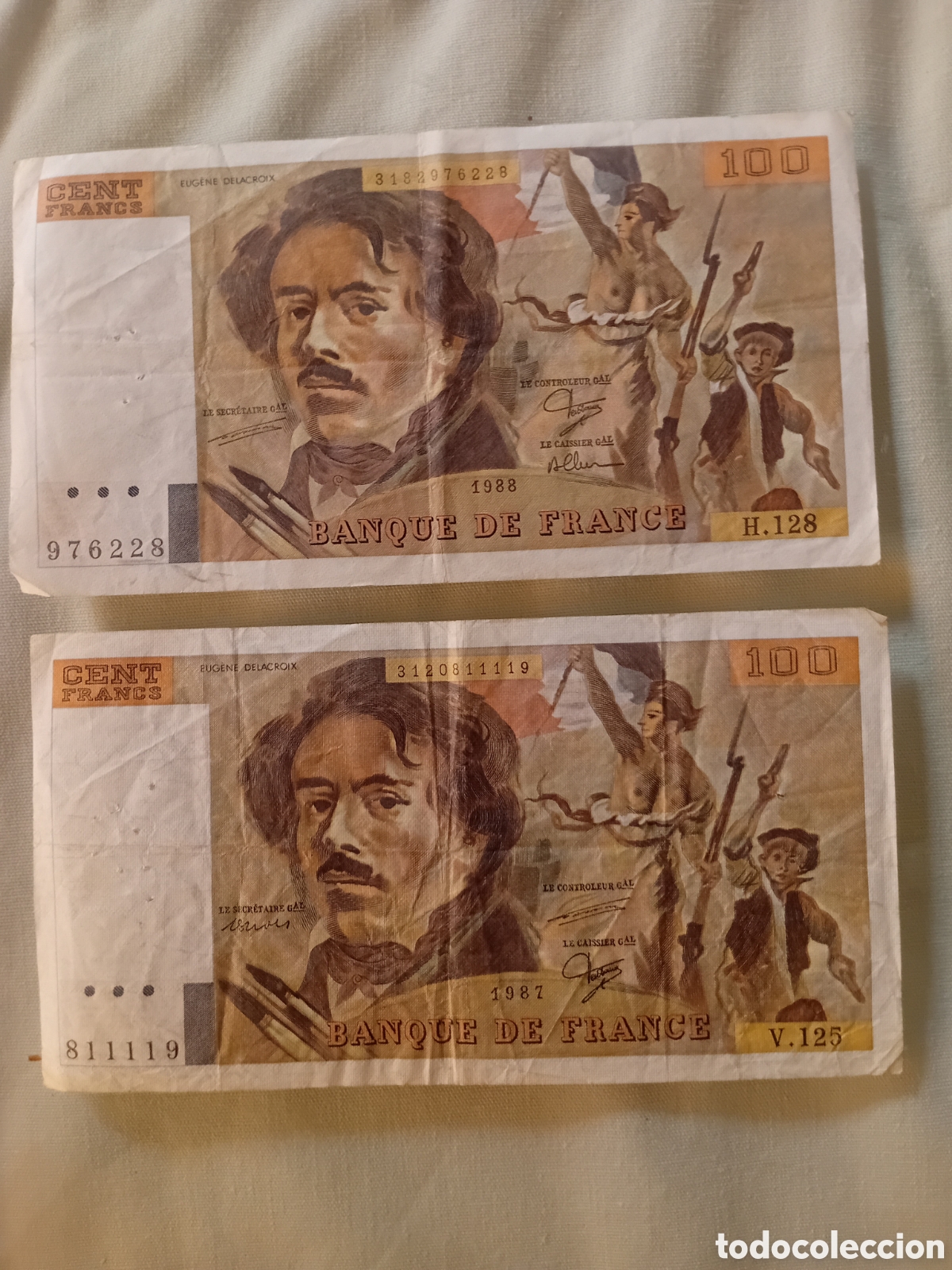 Monedas antiguas de Europa: Lote de dos biiletes de 100 francos