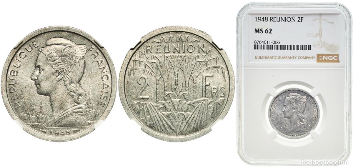 Monedas antiguas de Europa: R&eacute;union French colony 1948 2 Francs (Mule) Aluminium Paris Mint 2.1g NGC MS 62 KM 14