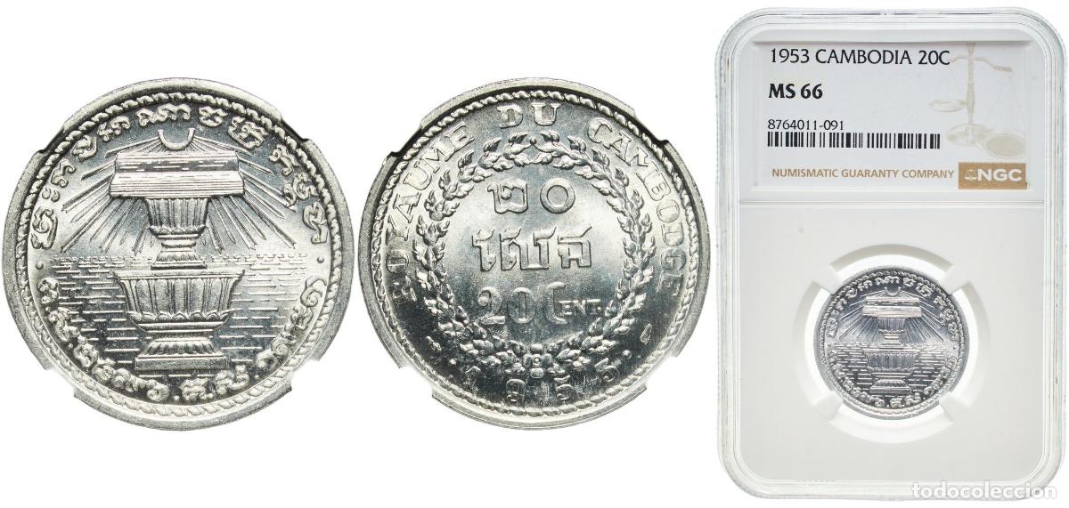 Monedas antiguas de Europa: Cambodia Kingdom 1953 20 Centimes - Norodom Sihanouk Aluminium Paris Mint (3000000) 2.2g NGC MS 66