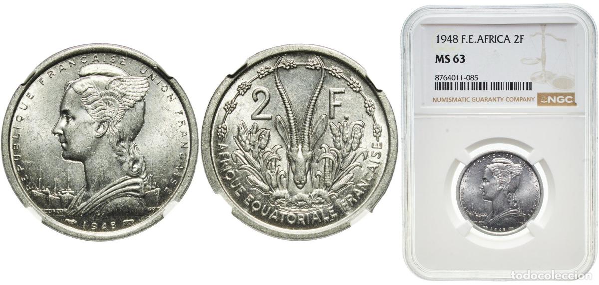 Monedas antiguas de Europa: Central African States French Equatorial Africa 1948 2 Francs Aluminium Paris Mint (5040000) 2.2g N