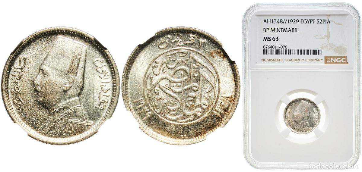 Monedas antiguas de Europa: Egypt Kingdom 1348 BP 2 Qirsh - Fuad (left) Silver (.833) Hungarian mint (500000) 2.8g NGC MS 63 K