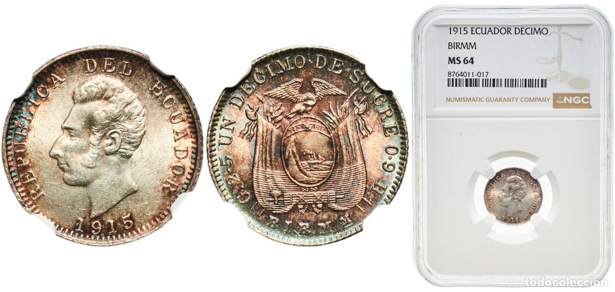 Monedas antiguas de Europa: Ecuador Republic 1915 BIRMM 1 D&eacute;cimo Wonderful patina Silver (.900) (Copper .100) (1000000) 2.5g NG