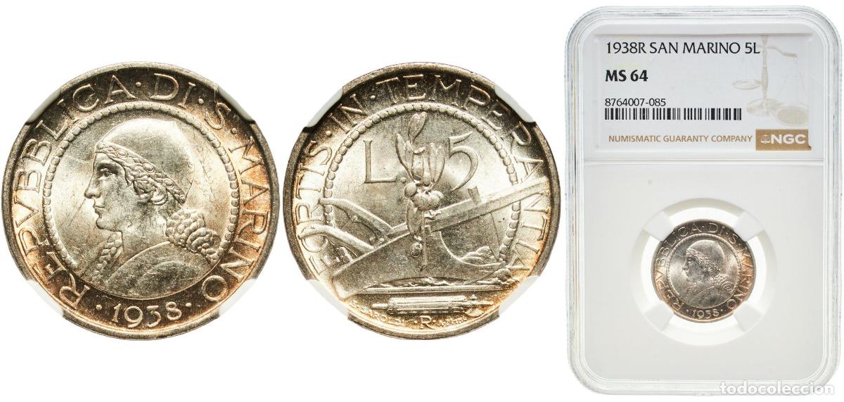 Monedas antiguas de Europa: San Marino Republic 1938 R 5 Lire Silver (.835) Rome Mint (120000) 5g NGC MS 64 KM 9