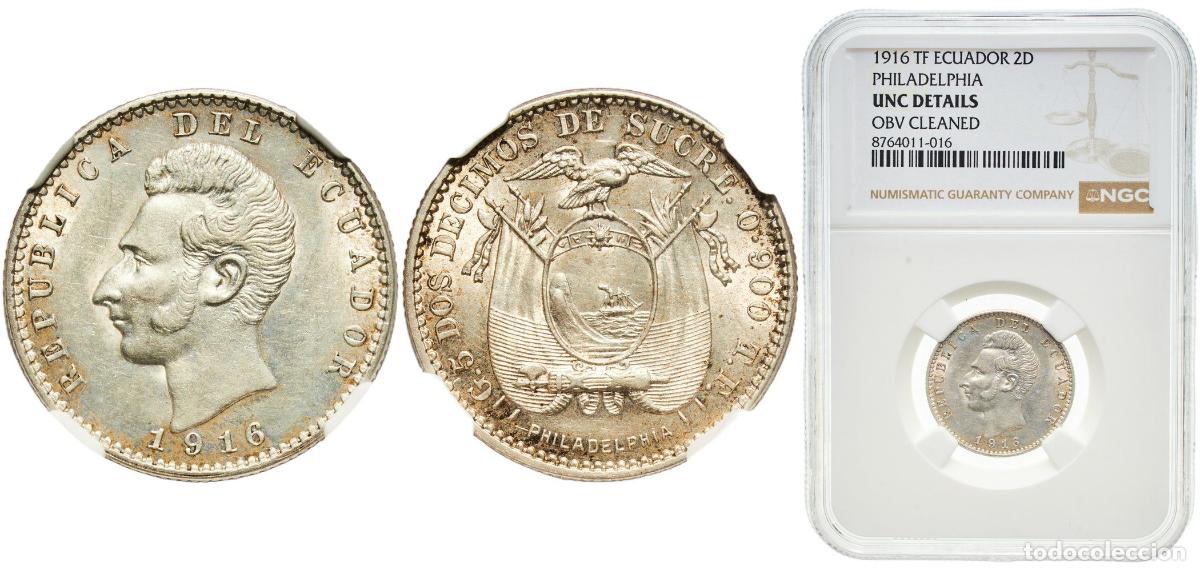 Monedas antiguas de Europa: Ecuador Republic 1916 TF 2 D&eacute;cimos Original luster Silver (.900) (Copper .100) (1000000) 5g NGC UNC