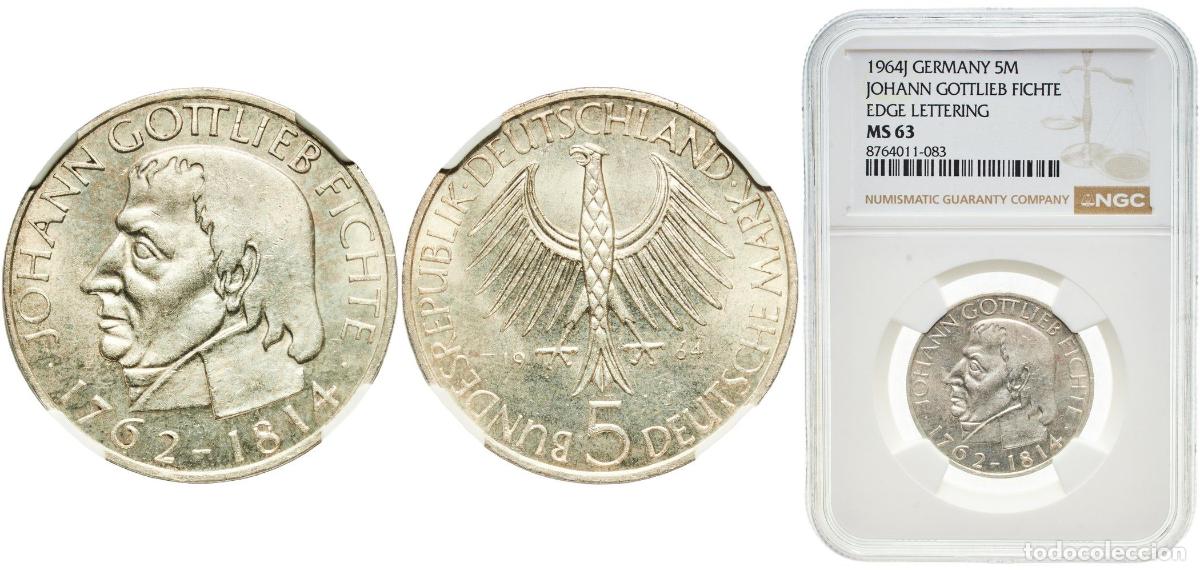 Monedas antiguas de Europa: Germany Federal Republic 1964 J 5 Deutsche Mark (Gottlieb Fichte) Silver (.625) Hamburg Mint (49500