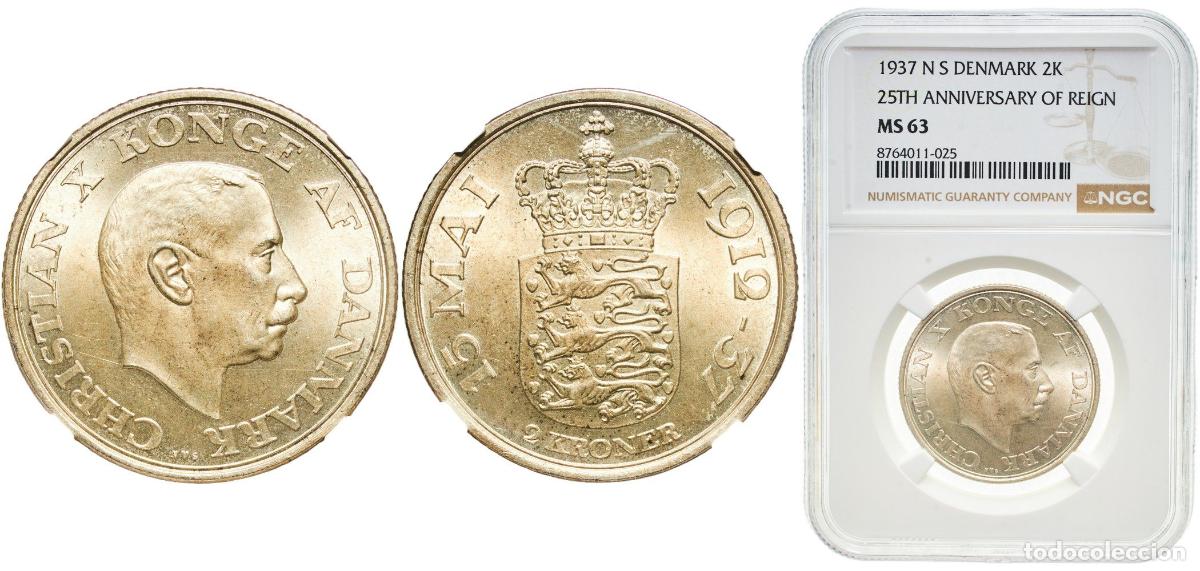 Monedas antiguas de Europa: Denmark Kingdom 1937 N&hearts;S 2 Kroner - Christian X (Silver Jubilee of Reign) Silver (.800) Copenhagen