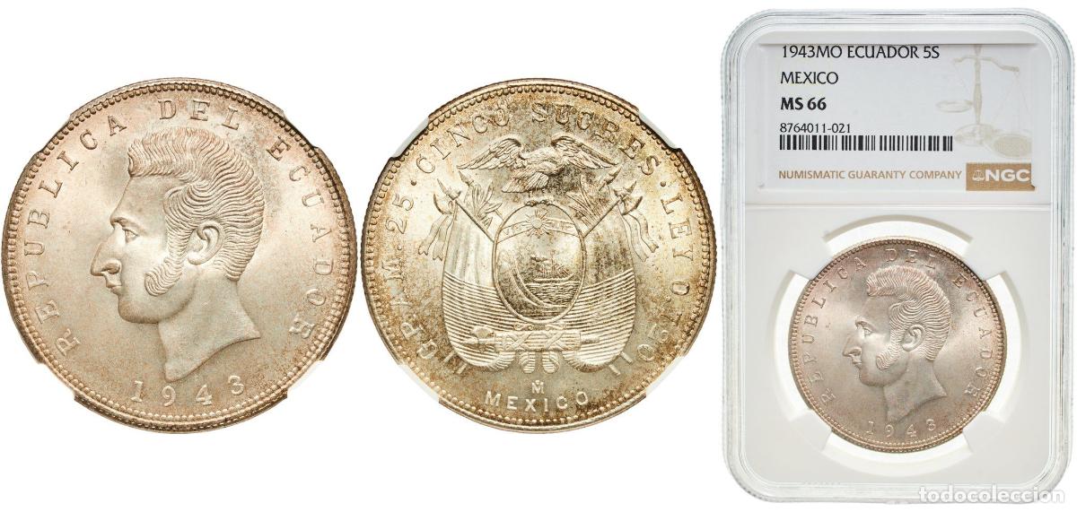 Monedas antiguas de Europa: Ecuador Republic 1943 Mo 5 Sucres Original luster With traces of luster Silver (.720) Casa de Moned