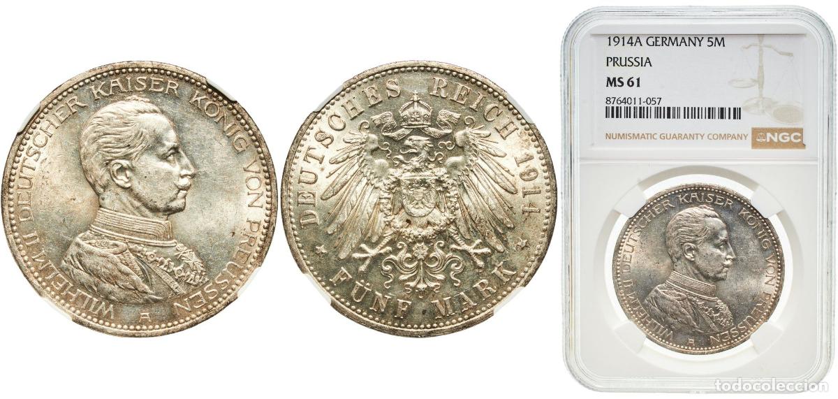 Monedas antiguas de Europa: Germany Kingdom of Prussia Second Empire 1914 A 5 Mark - Wilhelm II Silver (.900) Berlin Mint (1587